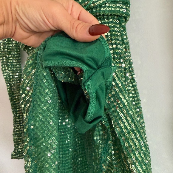 H:ours Casanova Dress in Green Sequins Sheer Bodysuit Long Sleeve Tie Waist XS - Picture 6 of 7